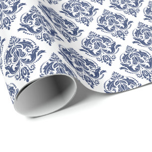 Blauw op wit  Damaspatroon Cadeaupapier