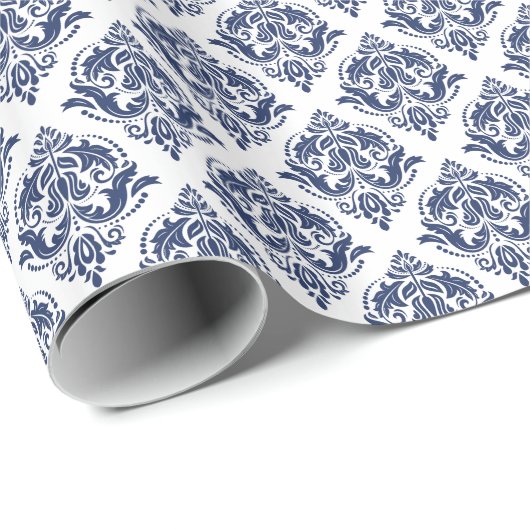 Blauw op wit  Damaspatroon Cadeaupapier (Rol Hoek)