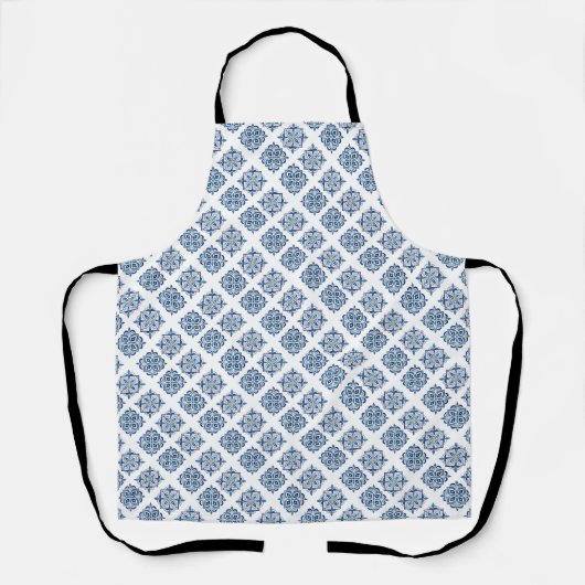 Blauw op wit geborduurd ornament schort (Voorkant)