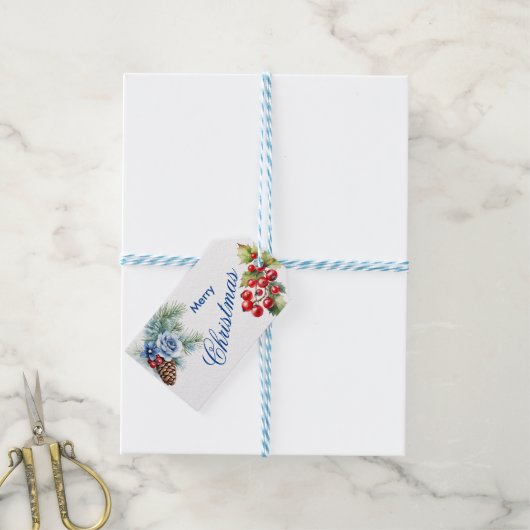 Blauw op Wit met Holly Berries Kerstmis Cadeaulabel (Met Touw)