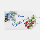 Blauw op Wit met Holly Berries Kerstmis Cadeaulabel (Voorkant (Horizontaal))