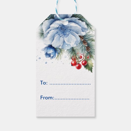 Blauw op Wit met Holly Berries Kerstmis Cadeaulabel (Achterkant)