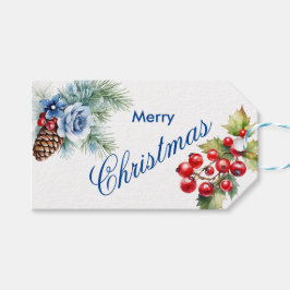 Blauw op Wit met Hulstbessen Kerstmis Cadeaulabel