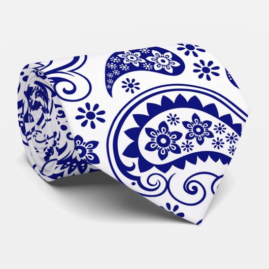 Blauw op wit retro  Paisley Pattern 2 Stropdas (Opgerold)