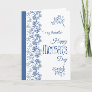 Blauw op Witte Bloemen Moederdag Kaart, Godmother Kaart