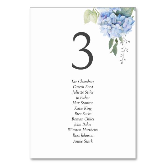 Blauw op Witte Hydrangea Gastenlijst Tafelnummer (Achterkant)
