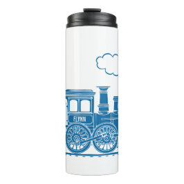 Blauw op witte stoomtrein kids aangepaste naam afb thermosbeker