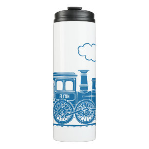 Blauw op witte stoomtrein kids aangepaste naam afb thermosbeker
