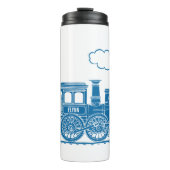 Blauw op witte stoomtrein kinder eigen naam grafis thermosbeker (Voorkant)