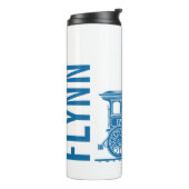 Blauw op witte stoomtrein kinder eigen naam grafis thermosbeker (Gedraaid links)