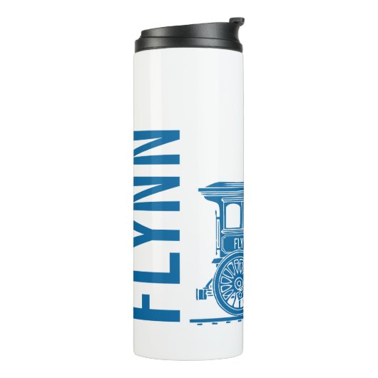 Blauw op witte stoomtrein kinder eigen naam grafis thermosbeker (Gedraaid links)