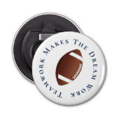 Blauw op witwerk maakt de droom tot werk button flesopener (Voorkant)