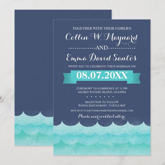 Blauw op Zee Nautical Wedding Invites Kaart (Voorkant / Achterkant)