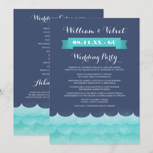 Blauw op Zee Nautical Wedding Programs Programmakaart (Voorkant / Achterkant)