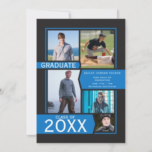 Blauw op zwart 5-fotocollage-Afstuderen Aankondiging (Voorkant)