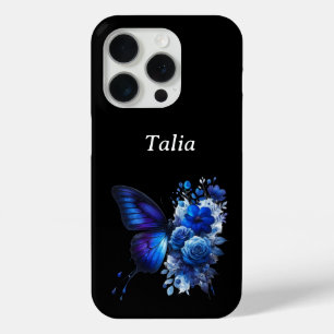 Blauw op zwart bloemenvlinder gepersonaliseerd iPhone 15 pro case