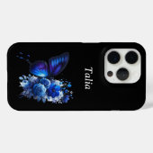 Blauw op zwart bloemenvlinder gepersonaliseerd Case-Mate iPhone case (Achterkant (horizontaal))