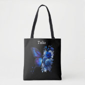 Blauw op zwart bloemenvlinder gepersonaliseerd tote bag (Voorkant)