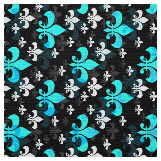 Blauw op zwart Fleur De Lis Stof (Swatch)