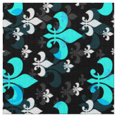Blauw op zwart Fleur De Lis Stof (Close Up)