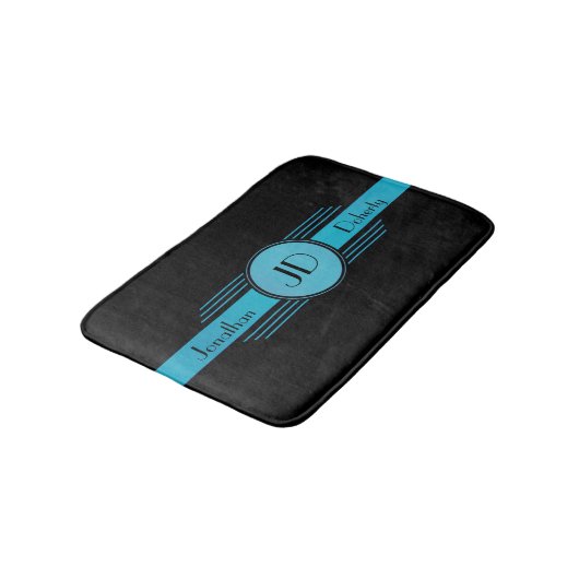 Blauw op zwart monogram Art Deco Badmat (Gekanteld)