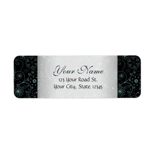 Blauw op Zwarte BloemenGrens Etiket (Voorkant)