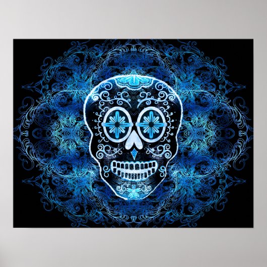 Blauw op zwarte Calavera-afdruk Poster (Voorkant)