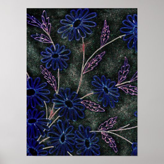 blauw op zwarte florale decor poster (Voorkant)