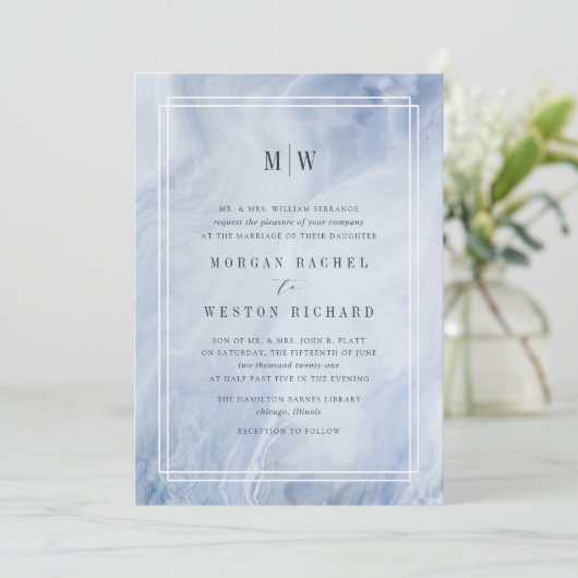 Blauw Opaal Monogram Huwelijksuitnodiging Kaart (Staand voorkant)