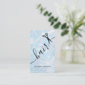 Blauw Opal Glitter Haar Script Schaar QR Code Visitekaartje (Staand voorkant)