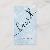 Blauw Opal Glitter Haar Script Schaar QR Code Visitekaartje (Voorkant)