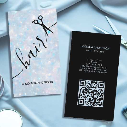 Blauw Opal Glitter Haar Script Schaar QR Code Visitekaartje