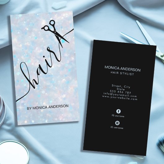 Blauw Opal Glitter Haar Script Schaar QR Code Visitekaartje