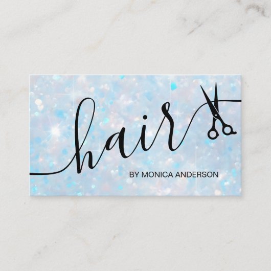 Blauw Opal Glitter Haar Script Schaar QR Code Visitekaartje (Voorkant)