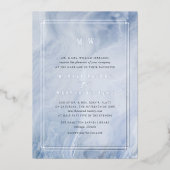 Blauw Opal Monogram Trouw Zilver Folie Uitnodiging (Voorkant)