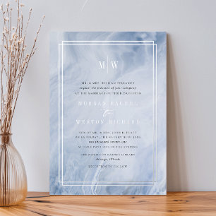 Blauw Opal Monogram Trouw Zilver Folie Uitnodiging