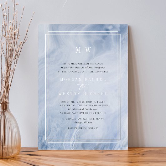 Blauw Opal Monogram Trouw Zilver Folie Uitnodiging