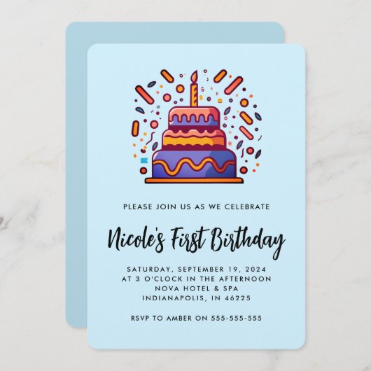 Blauw Oranje 1e Verjaardagsuitnodiging personalise Kaart (Voorkant / Achterkant)