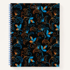 Blauw Oranje Abstract Floral op zwarte achtergrond Notitieboek