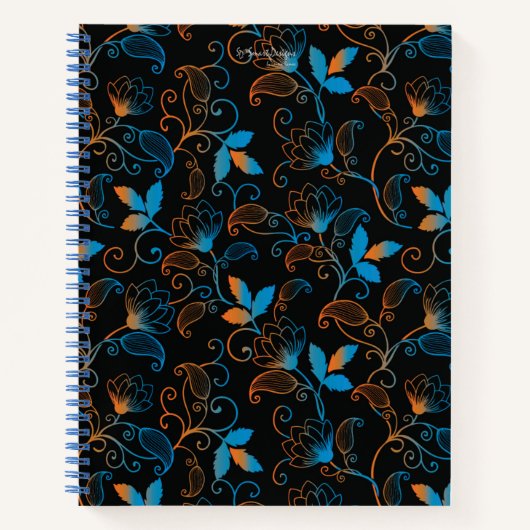Blauw Oranje Abstract Floral op zwarte achtergrond Notitieboek (Voorkant)