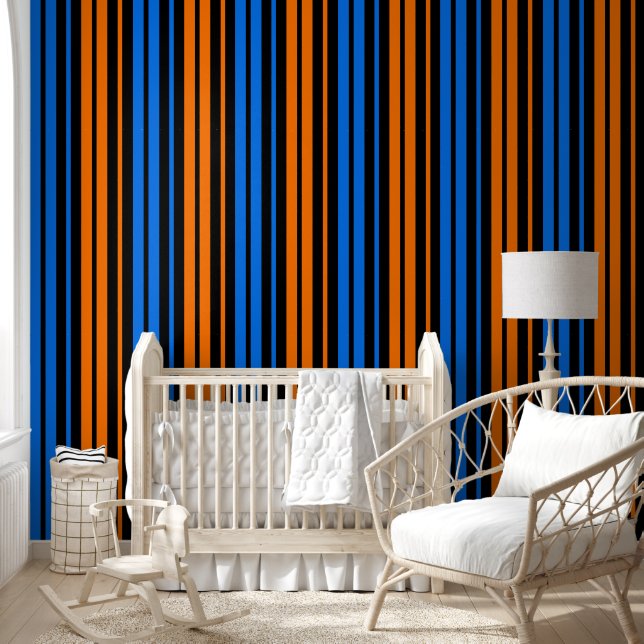 Blauw Oranje Blauw Verticale Strepen Design   Behang (Kinderen)