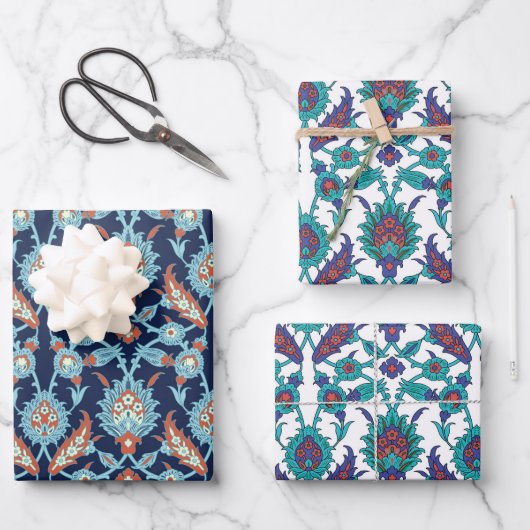 Blauw Oranje Blauwgroen rood wit oosterse Floral P Inpakpapier Vel (Voorkant)