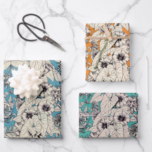 Blauw Oranje Blauwgroen wit patroon met grafische  Inpakpapier Vel (Voorkant)