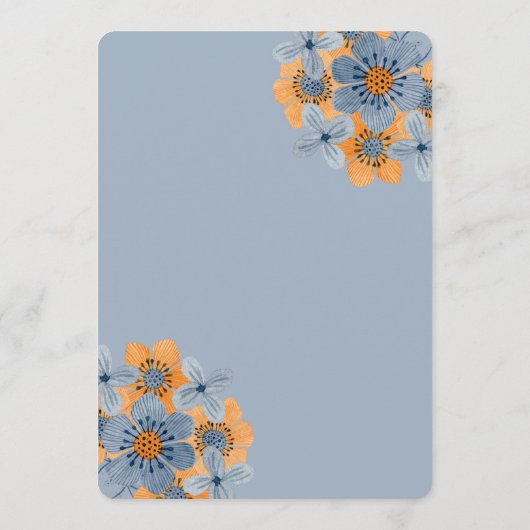 Blauw & Oranje Bloem Bruiloft Advieskaart Onlijnt (Achterkant)