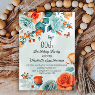 Blauw Oranje Bloem Vlinders 80ste Verjaardag Kaart