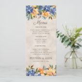 Blauw Oranje Bloemige Herfst Bruiloft Menu (Staand voorkant)
