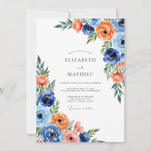 Blauw Oranje Bloemrijke Wizige Bruiloft Kaart (Voorkant)