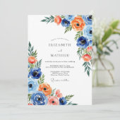 Blauw Oranje Bloemrijke Wizige Bruiloft Kaart (Staand voorkant)