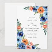 Blauw Oranje Bloemrijke Wizige Bruiloft Kaart (Voorkant / Achterkant)