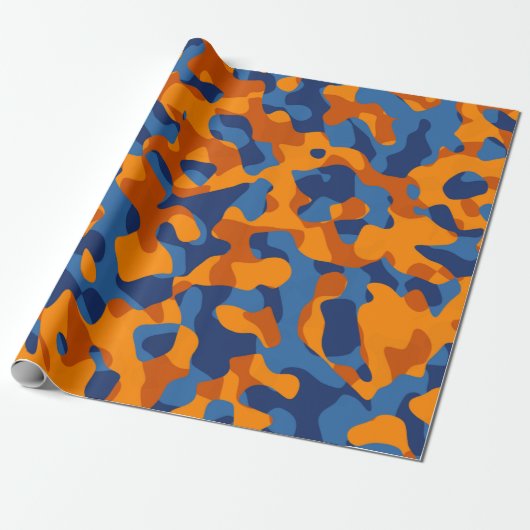 Blauw Oranje Camouflage-afdrukpatroon Cadeaupapier (Uitgerold)